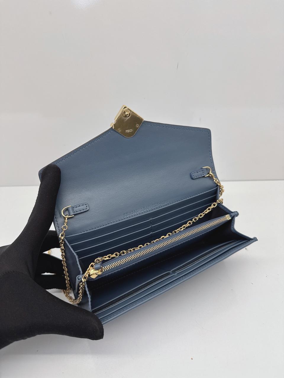 BLUE CALFSKIN LEATHER FF ZUCCA CONTINENTAL WALLET WITH CHAIN