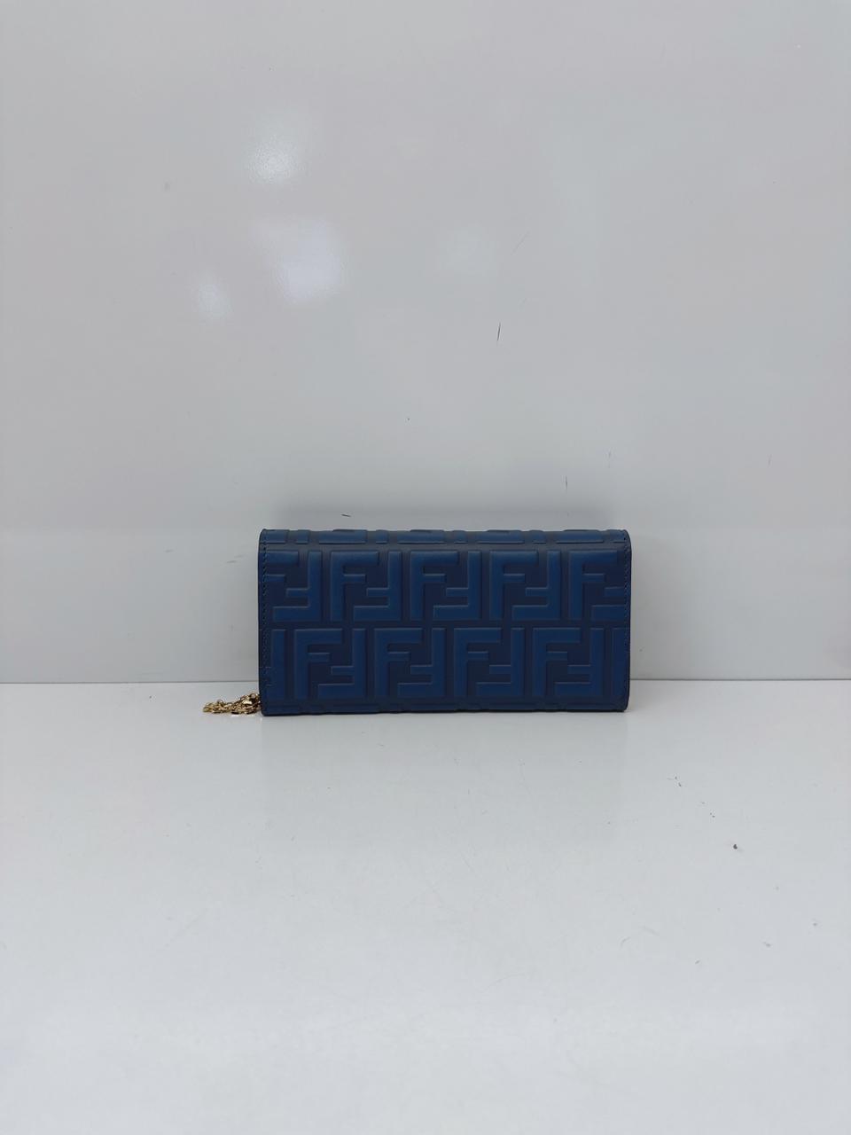 BLUE CALFSKIN LEATHER FF ZUCCA CONTINENTAL WALLET WITH CHAIN