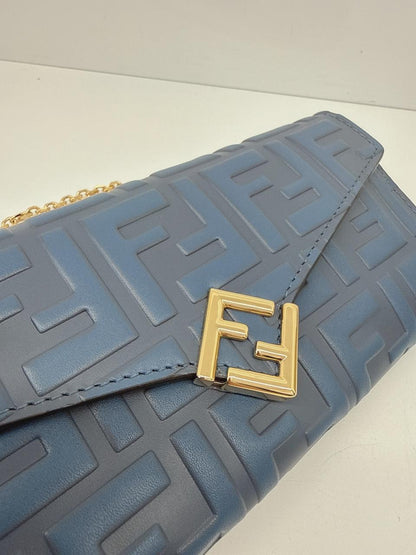 BLUE CALFSKIN LEATHER FF ZUCCA CONTINENTAL WALLET WITH CHAIN