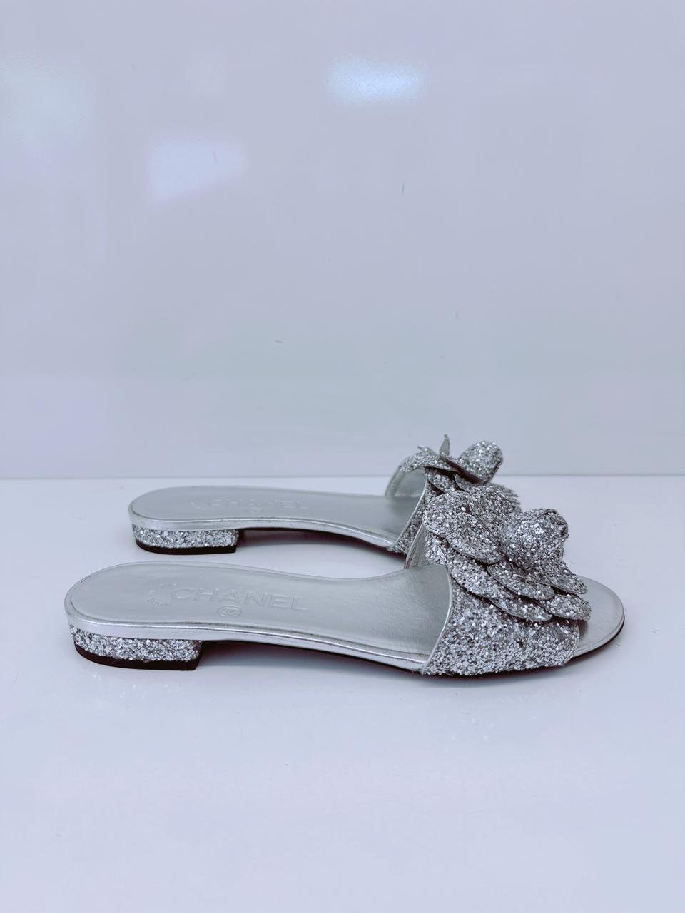 SILVER GLITTER FABRIC CAMELLIA EMBELLISHED CC FLATS  36