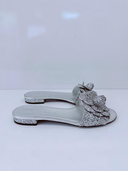 SILVER GLITTER FABRIC CAMELLIA EMBELLISHED CC FLATS  36
