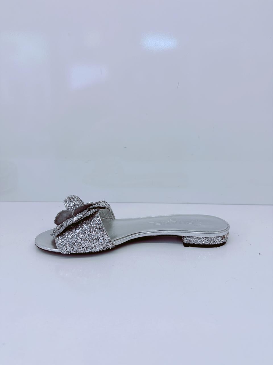 SILVER GLITTER FABRIC CAMELLIA EMBELLISHED CC FLATS  36