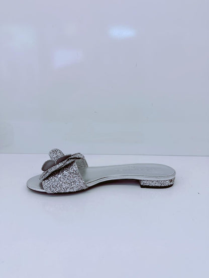 SILVER GLITTER FABRIC CAMELLIA EMBELLISHED CC FLATS  36
