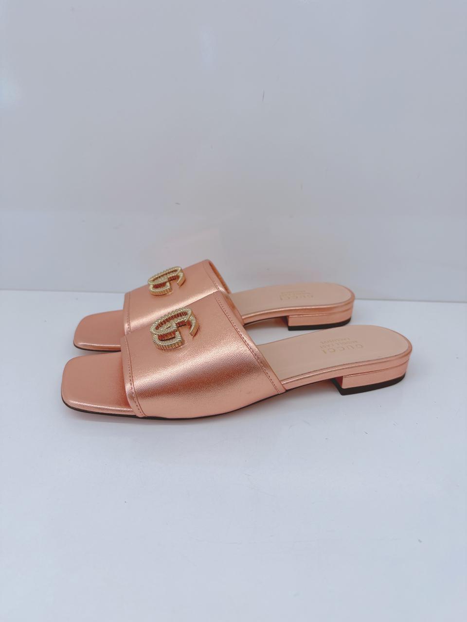 ROSE GOLD METALLIC LEATHER GG SLIDE SANDALS 37.5