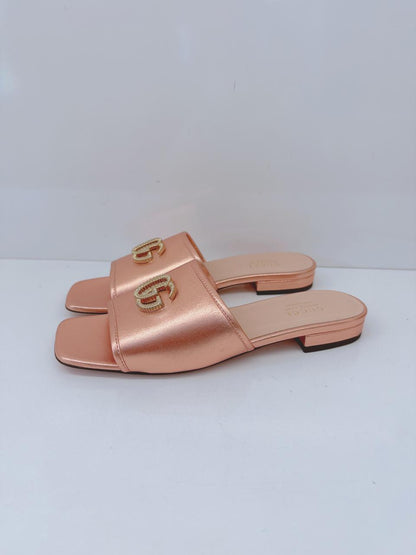 ROSE GOLD METALLIC LEATHER GG SLIDE SANDALS 37.5