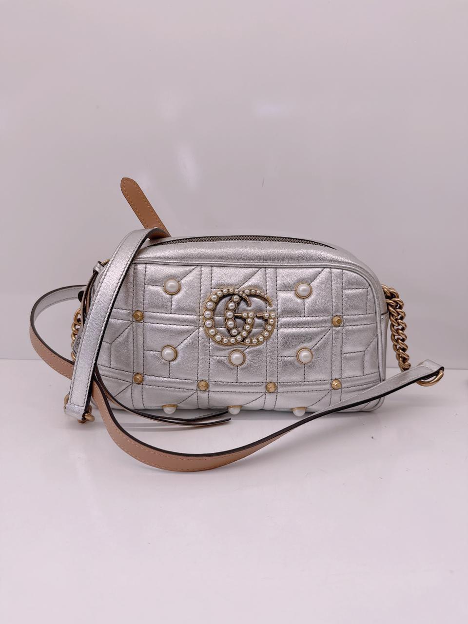 METALLIC SILVER PEARL STUDDED MATELASSE LEATHER GG MARMONT SHOULDER BAG