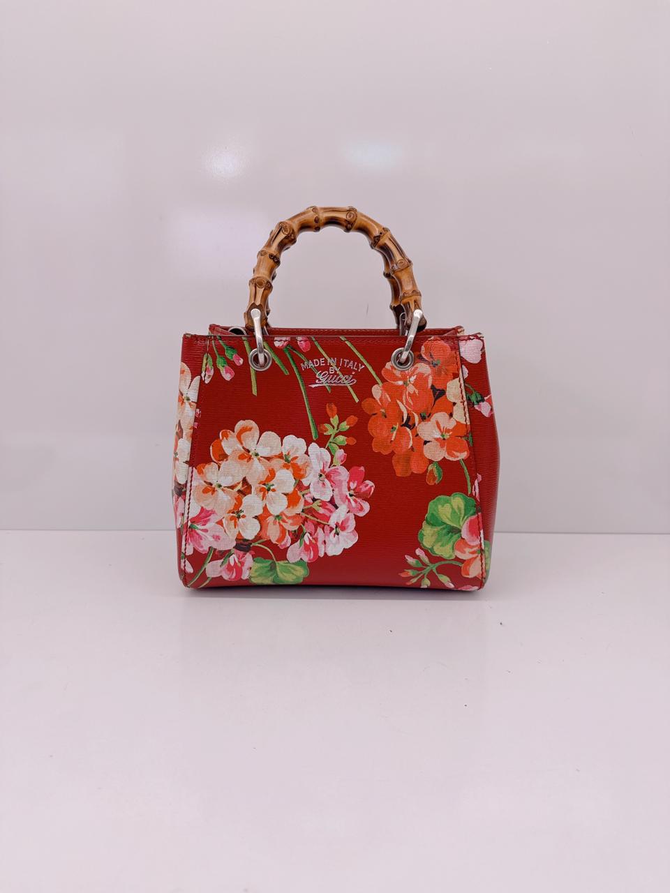 RED MULTICOLOR BLOOMS PRINT LEATHER MINI BAMBOO TOTE