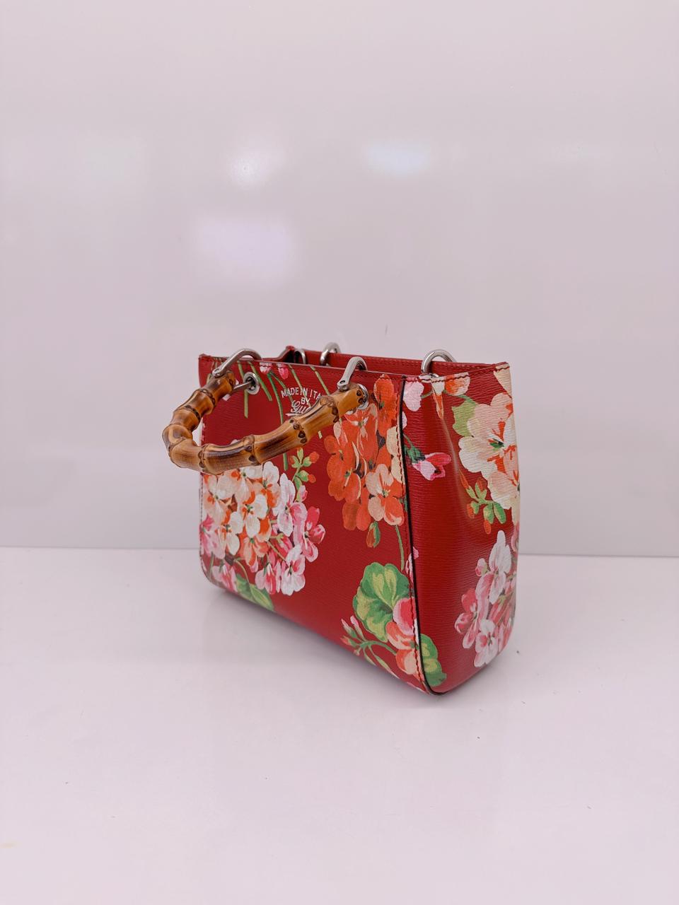 RED MULTICOLOR BLOOMS PRINT LEATHER MINI BAMBOO TOTE