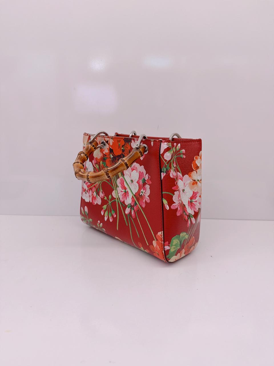 RED MULTICOLOR BLOOMS PRINT LEATHER MINI BAMBOO TOTE