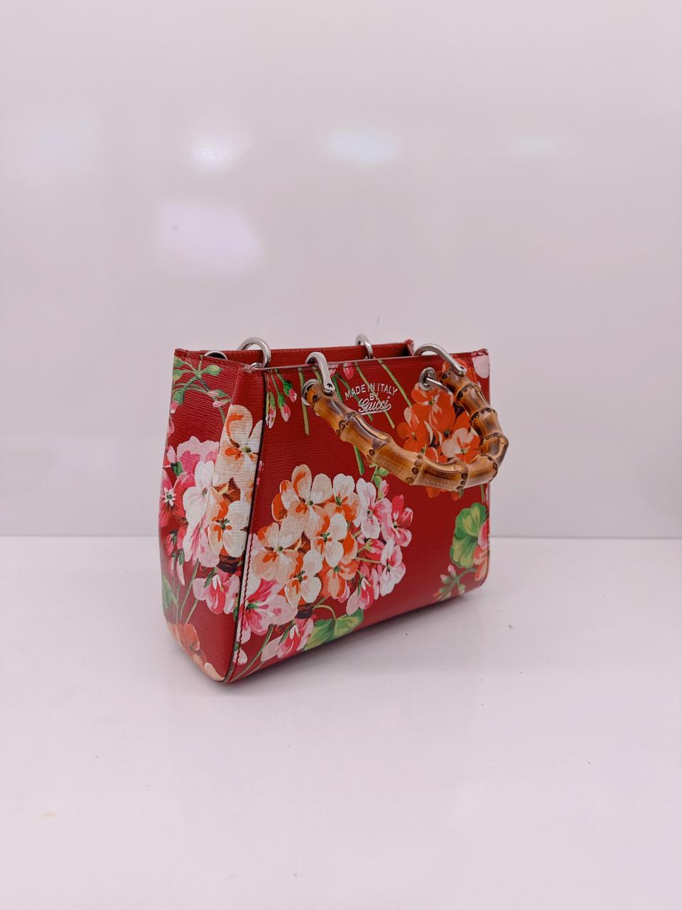 RED MULTICOLOR BLOOMS PRINT LEATHER MINI BAMBOO TOTE
