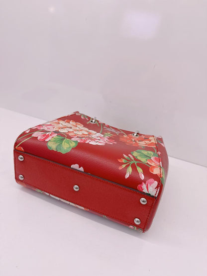 RED MULTICOLOR BLOOMS PRINT LEATHER MINI BAMBOO TOTE