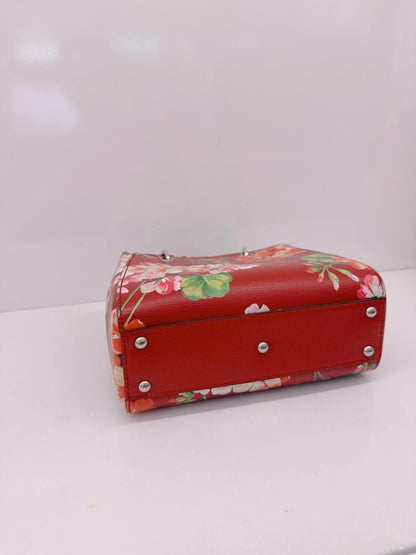 RED MULTICOLOR BLOOMS PRINT LEATHER MINI BAMBOO TOTE