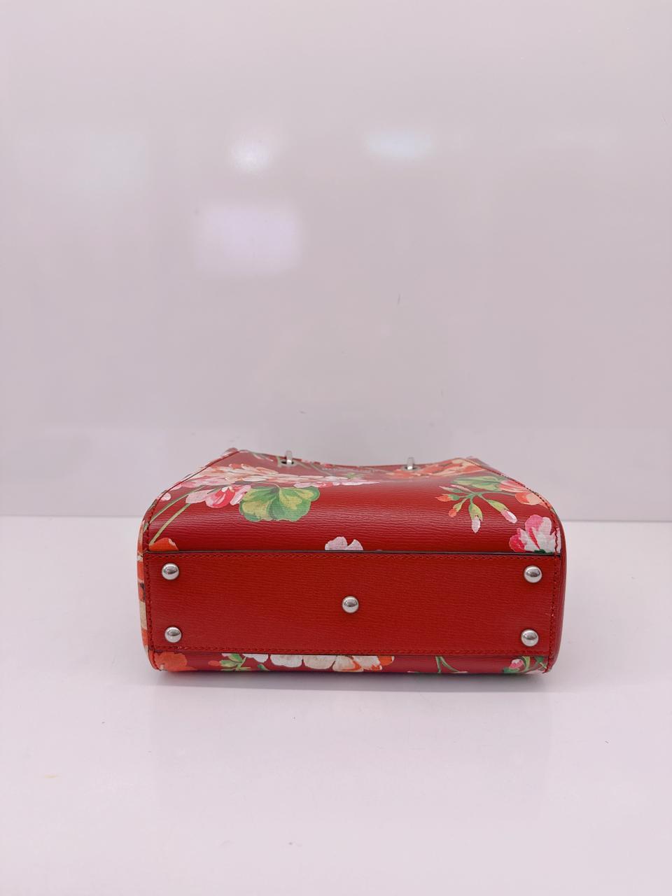 RED MULTICOLOR BLOOMS PRINT LEATHER MINI BAMBOO TOTE