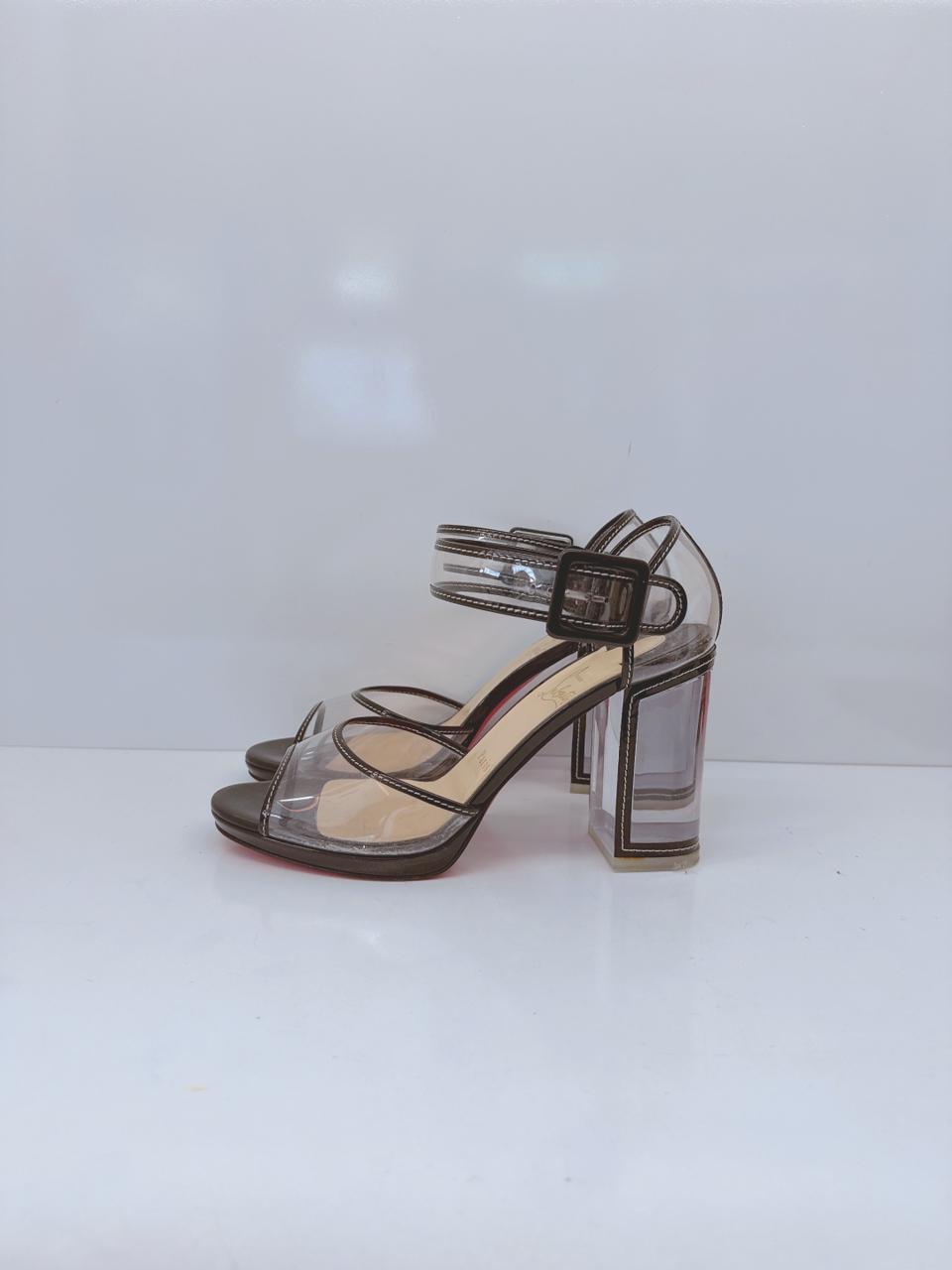 CLEAR PVC AND BLACK PATENT TRIM BARBACLARA LUCITE BLOCK HEEL SANDALS 40