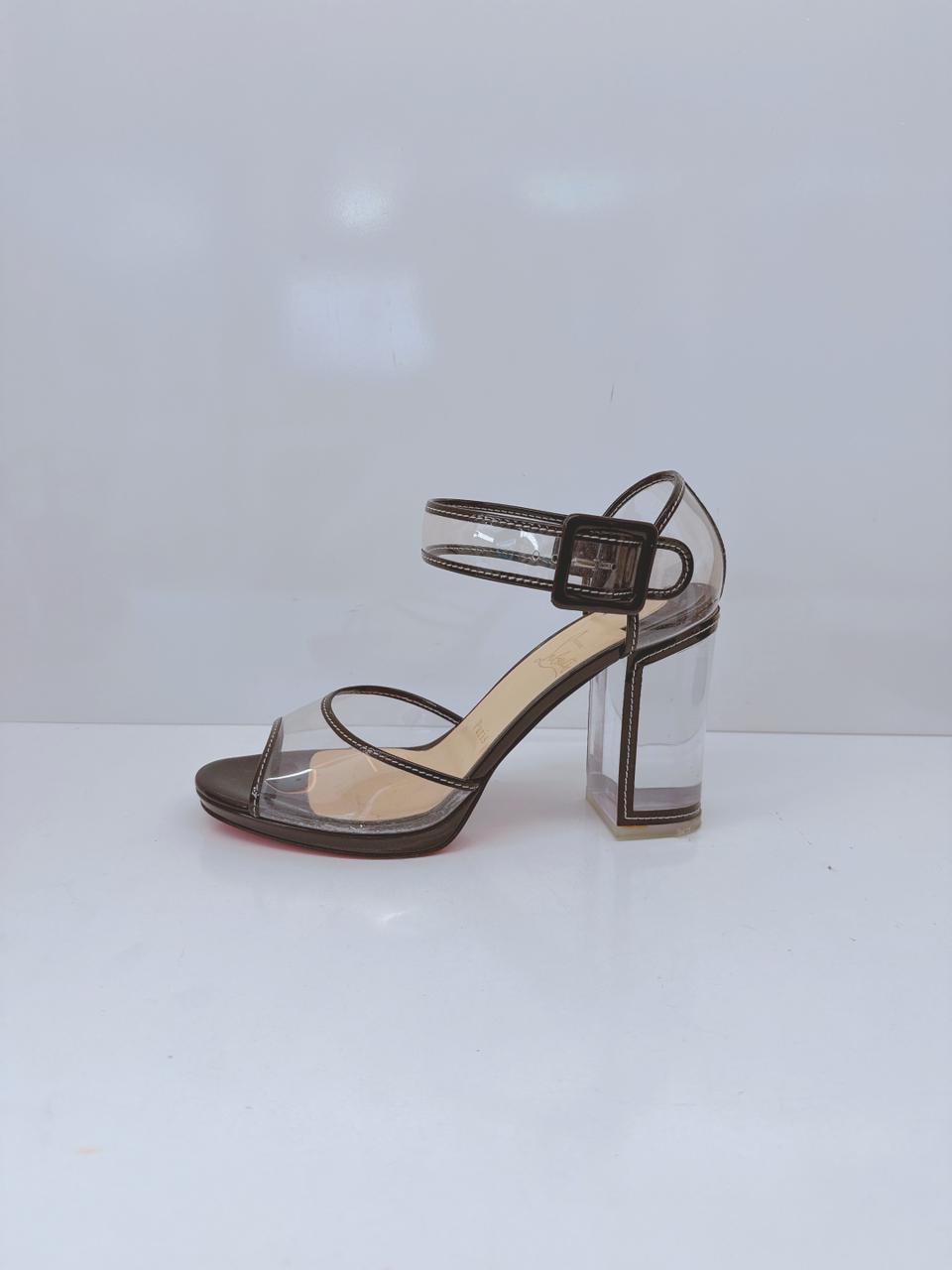 CLEAR PVC AND BLACK PATENT TRIM BARBACLARA LUCITE BLOCK HEEL SANDALS 40