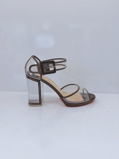 CLEAR PVC AND BLACK PATENT TRIM BARBACLARA LUCITE BLOCK HEEL SANDALS 40