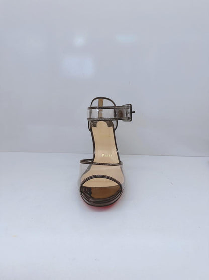CLEAR PVC AND BLACK PATENT TRIM BARBACLARA LUCITE BLOCK HEEL SANDALS 40