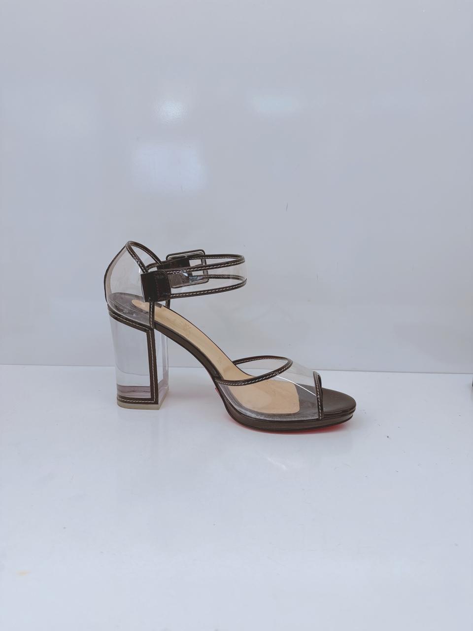 CLEAR PVC AND BLACK PATENT TRIM BARBACLARA LUCITE BLOCK HEEL SANDALS 40