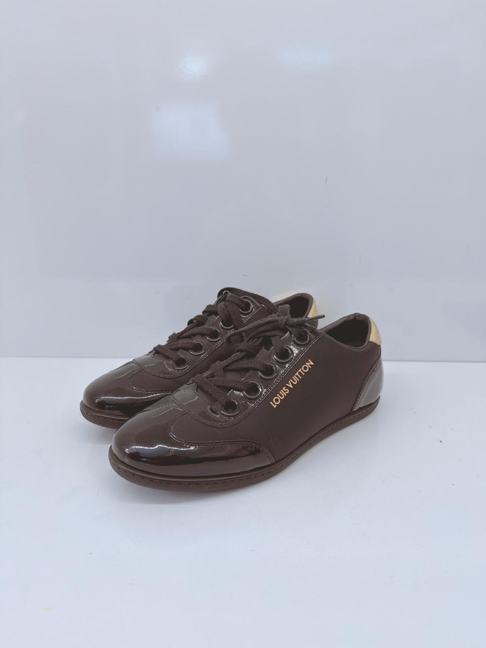 BLACK SATIN AND PATENT LEATHER LOW TOP SNEAKERS 35