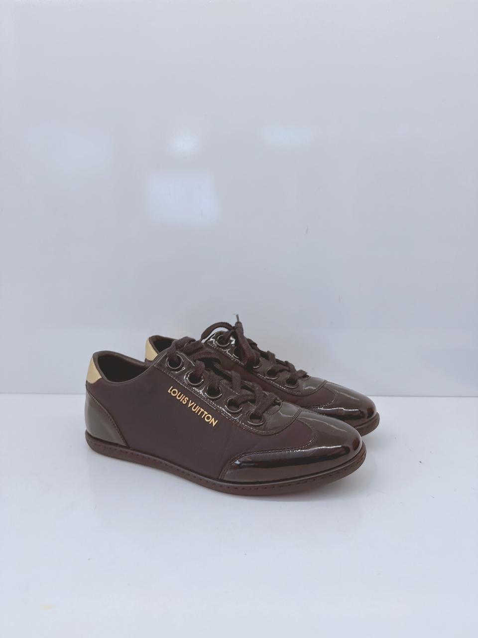 BLACK SATIN AND PATENT LEATHER LOW TOP SNEAKERS 35