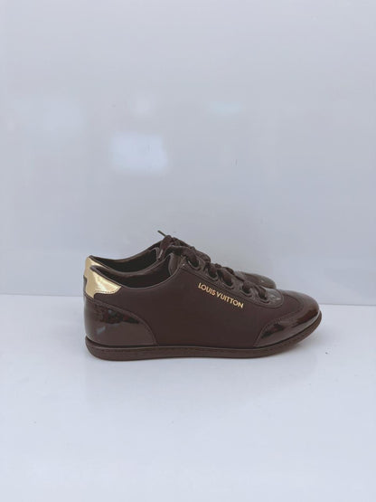 BLACK SATIN AND PATENT LEATHER LOW TOP SNEAKERS 35