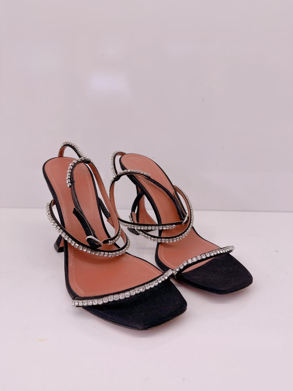 BLACK CRYSTAL EMBELLISHED SATIN GILDA SANDALS 40.5