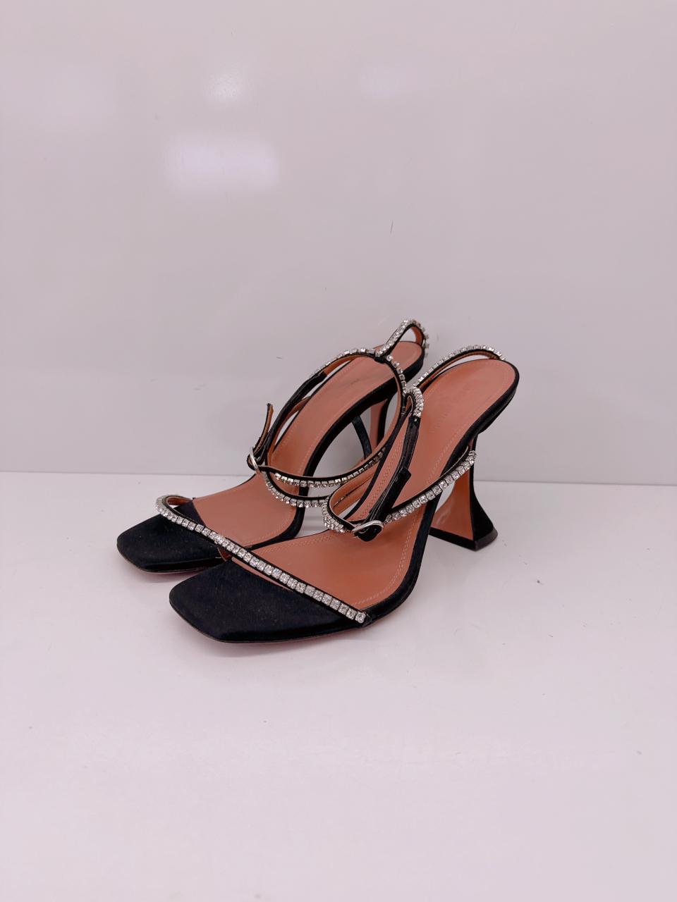 BLACK CRYSTAL EMBELLISHED SATIN GILDA SANDALS 40.5