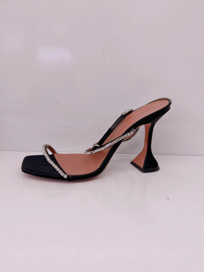 BLACK CRYSTAL EMBELLISHED SATIN GILDA SANDALS 40.5