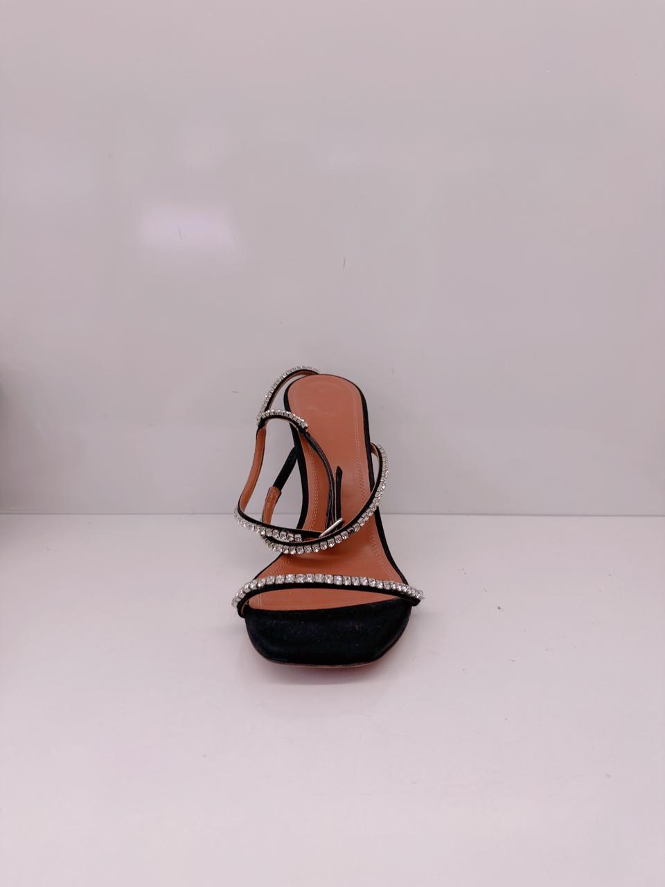 BLACK CRYSTAL EMBELLISHED SATIN GILDA SANDALS 40.5