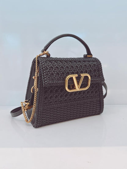 BLACK WOVEN LEATHER SMALL VSLING TOP HANDLE BAG