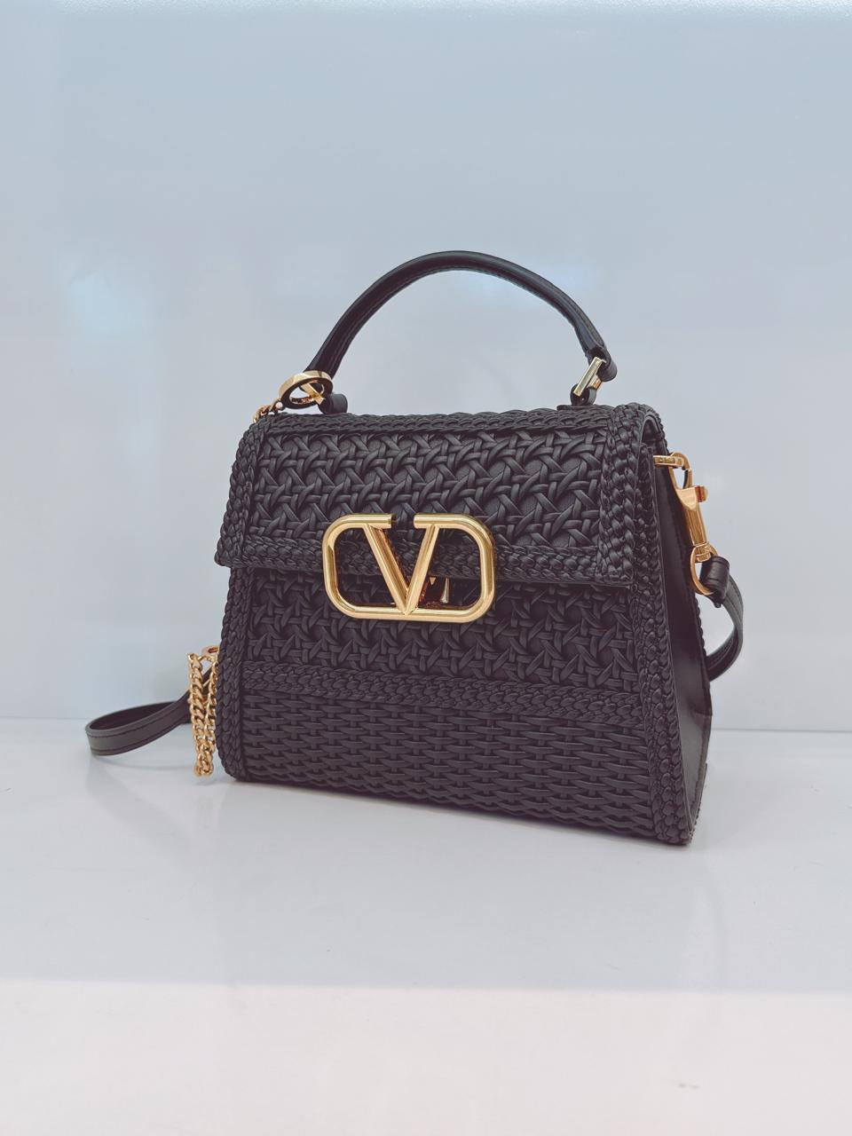 BLACK WOVEN LEATHER SMALL VSLING TOP HANDLE BAG