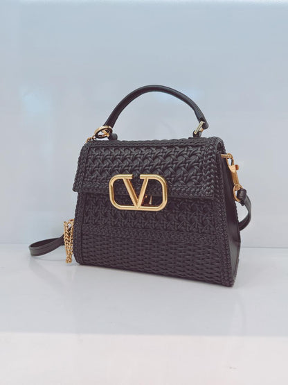 BLACK WOVEN LEATHER SMALL VSLING TOP HANDLE BAG