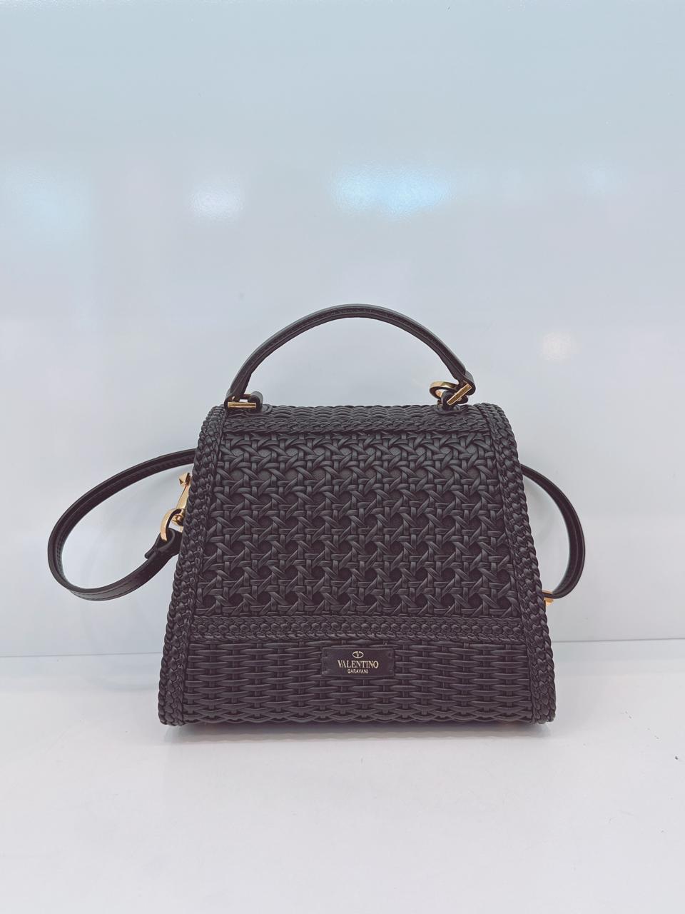 BLACK WOVEN LEATHER SMALL VSLING TOP HANDLE BAG