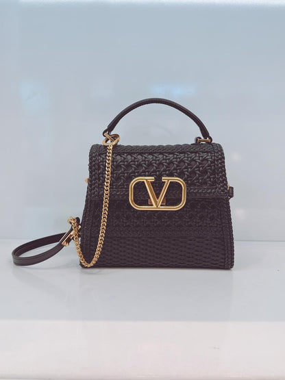 BLACK WOVEN LEATHER SMALL VSLING TOP HANDLE BAG