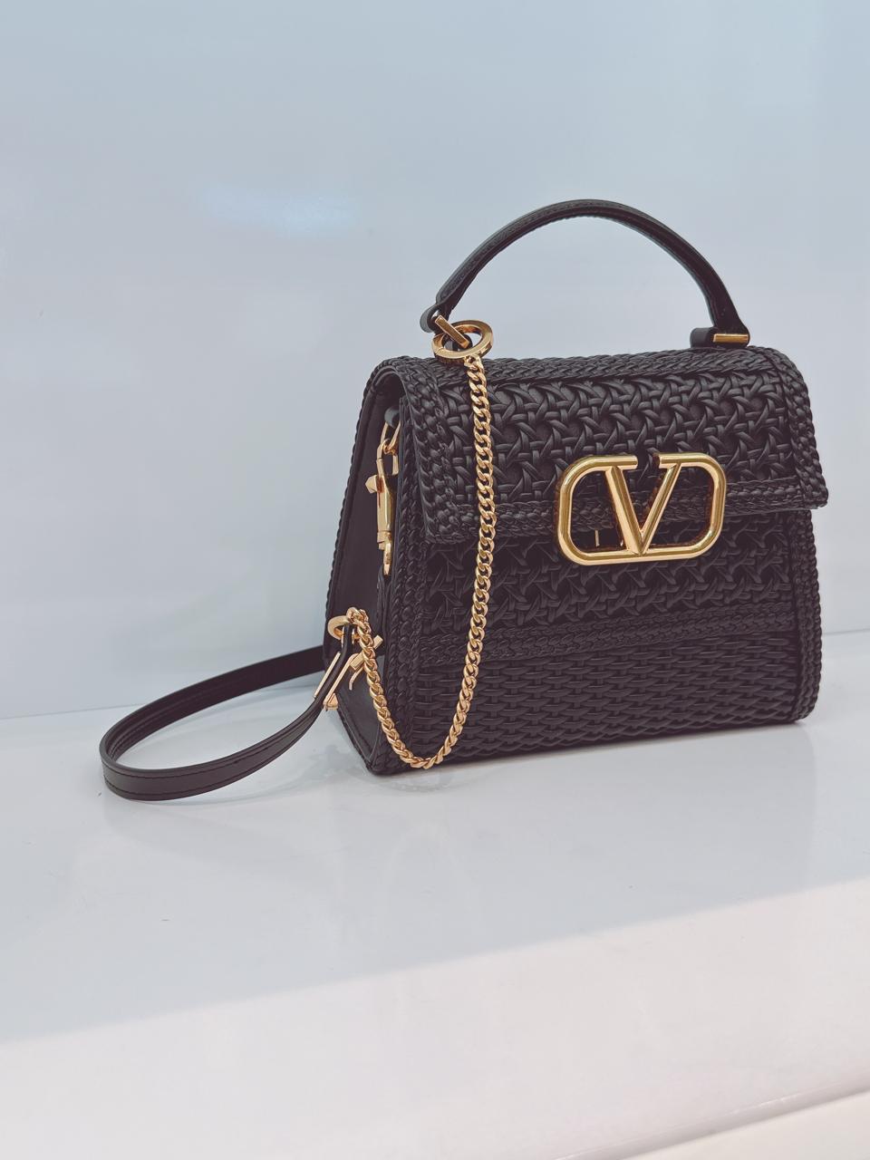 BLACK WOVEN LEATHER SMALL VSLING TOP HANDLE BAG