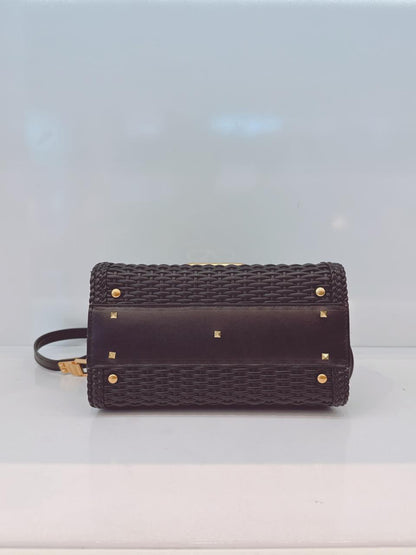 BLACK WOVEN LEATHER SMALL VSLING TOP HANDLE BAG