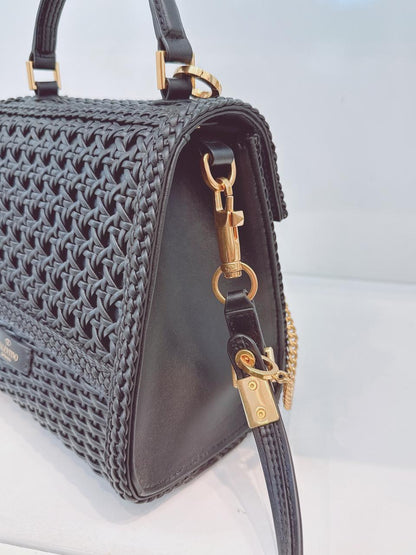 BLACK WOVEN LEATHER SMALL VSLING TOP HANDLE BAG