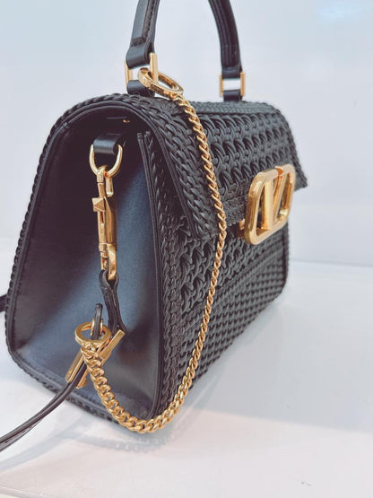 BLACK WOVEN LEATHER SMALL VSLING TOP HANDLE BAG