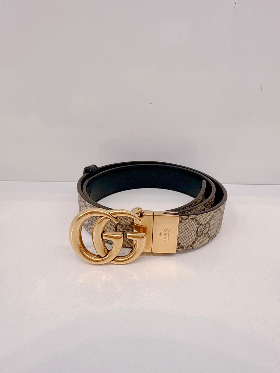 BEIGE GG SUPREME CANVAS  AND LEATHER MARMONT BELT 80/32