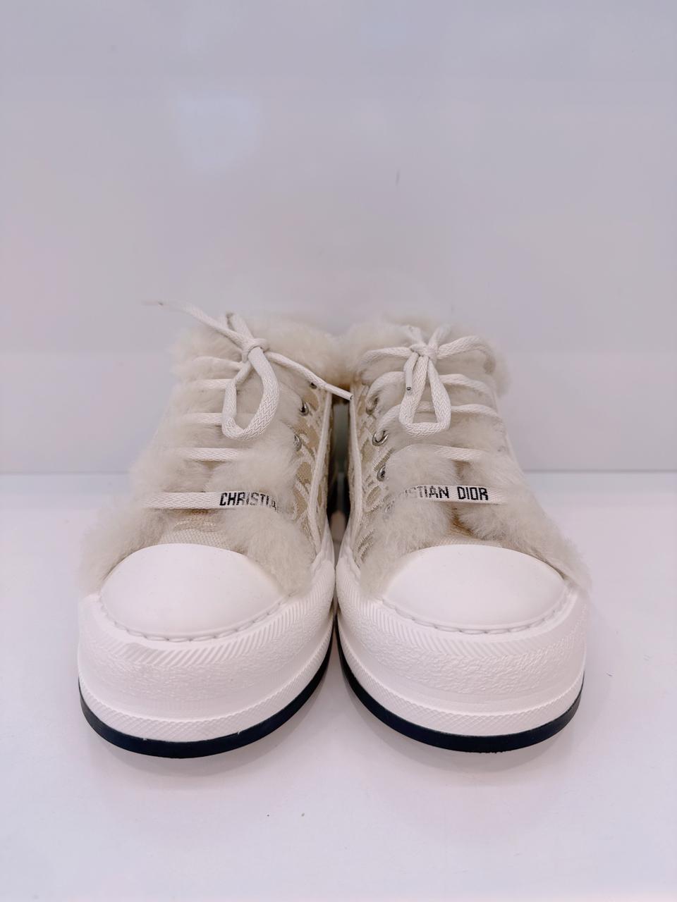 BEIGE COTTON EMBROIDERED WITH MOTIF AND ECRU LAMBSKIN SHEARLING WALK'N'DIOR PLATFORM SNEAKERS 37.5