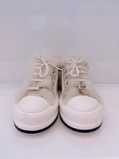 BEIGE COTTON EMBROIDERED WITH MOTIF AND ECRU LAMBSKIN SHEARLING WALK'N'DIOR PLATFORM SNEAKERS 37.5
