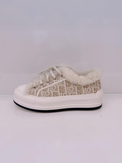 BEIGE COTTON EMBROIDERED WITH MOTIF AND ECRU LAMBSKIN SHEARLING WALK'N'DIOR PLATFORM SNEAKERS 37.5