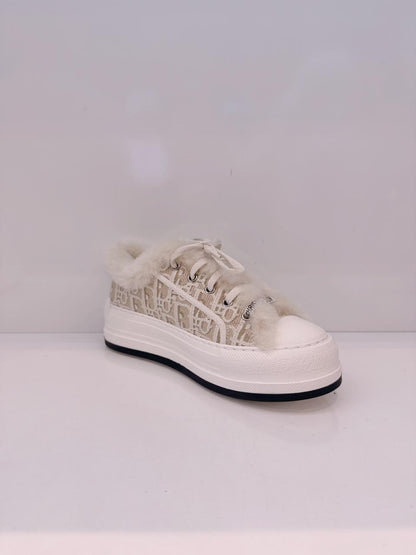 BEIGE COTTON EMBROIDERED WITH MOTIF AND ECRU LAMBSKIN SHEARLING WALK'N'DIOR PLATFORM SNEAKERS 37.5