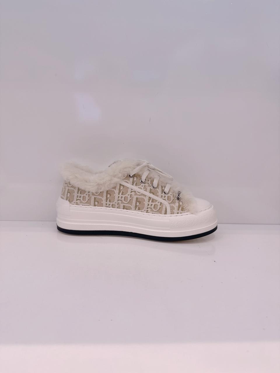 BEIGE COTTON EMBROIDERED WITH MOTIF AND ECRU LAMBSKIN SHEARLING WALK'N'DIOR PLATFORM SNEAKERS 37.5