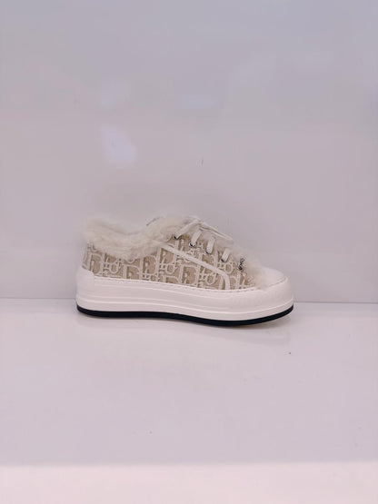 BEIGE COTTON EMBROIDERED WITH MOTIF AND ECRU LAMBSKIN SHEARLING WALK'N'DIOR PLATFORM SNEAKERS 37.5