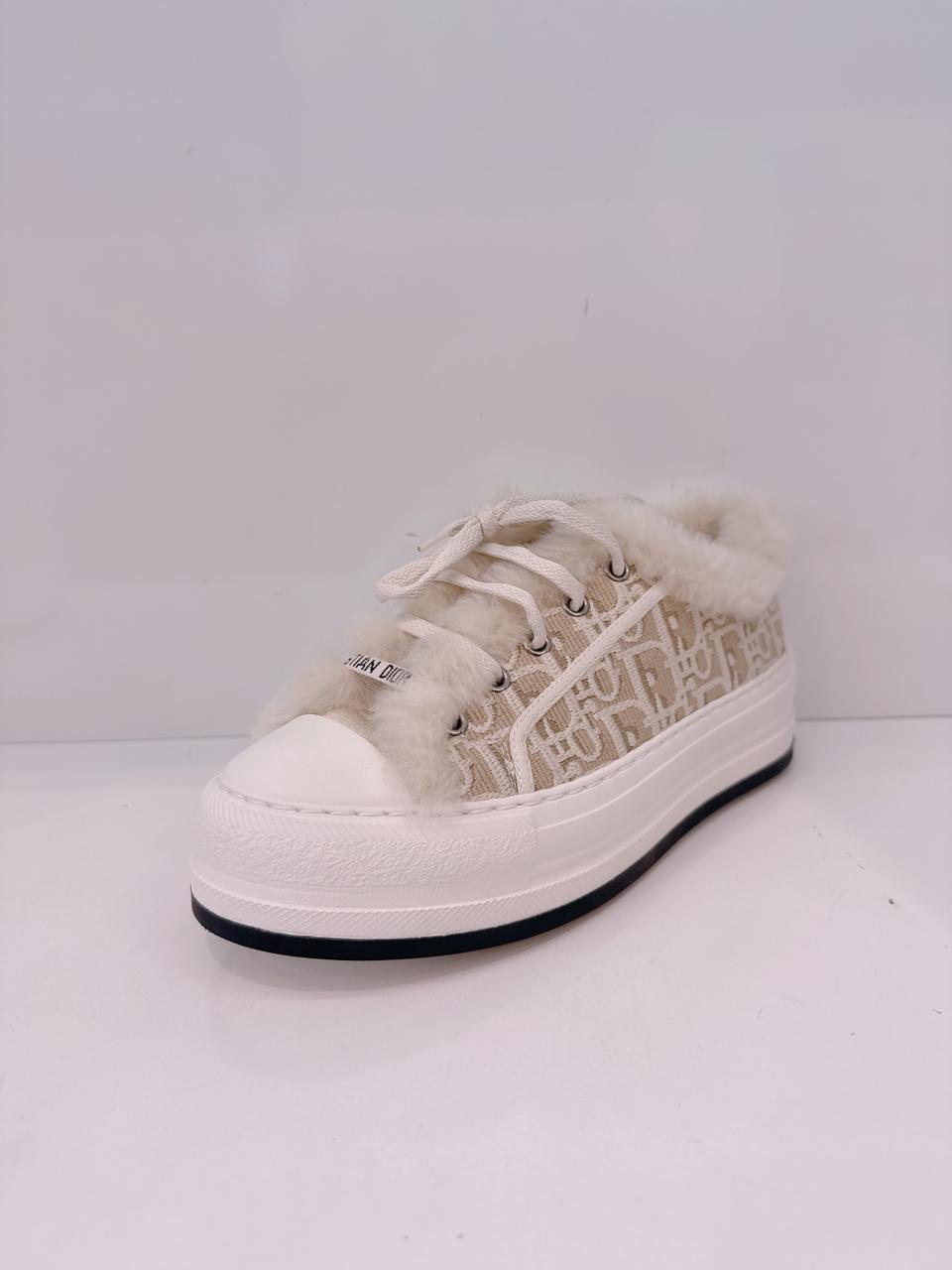 BEIGE COTTON EMBROIDERED WITH MOTIF AND ECRU LAMBSKIN SHEARLING WALK'N'DIOR PLATFORM SNEAKERS 37.5