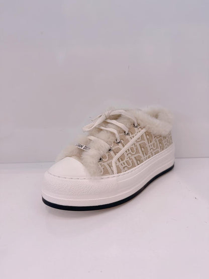 BEIGE COTTON EMBROIDERED WITH MOTIF AND ECRU LAMBSKIN SHEARLING WALK'N'DIOR PLATFORM SNEAKERS 37.5