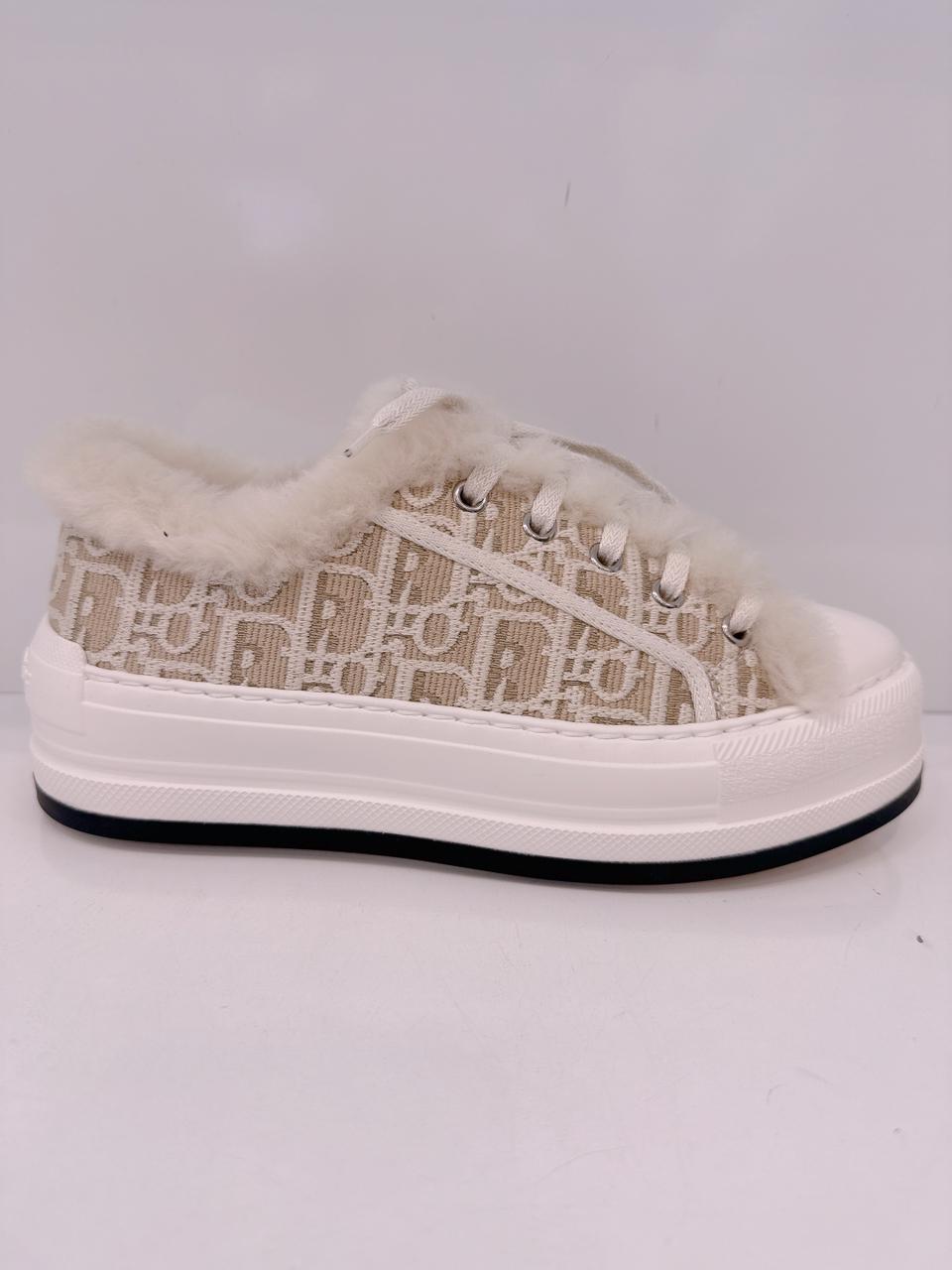 BEIGE COTTON EMBROIDERED WITH MOTIF AND ECRU LAMBSKIN SHEARLING WALK'N'DIOR PLATFORM SNEAKERS 37.5