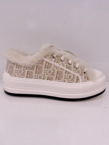 BEIGE COTTON EMBROIDERED WITH MOTIF AND ECRU LAMBSKIN SHEARLING WALK'N'DIOR PLATFORM SNEAKERS 37.5