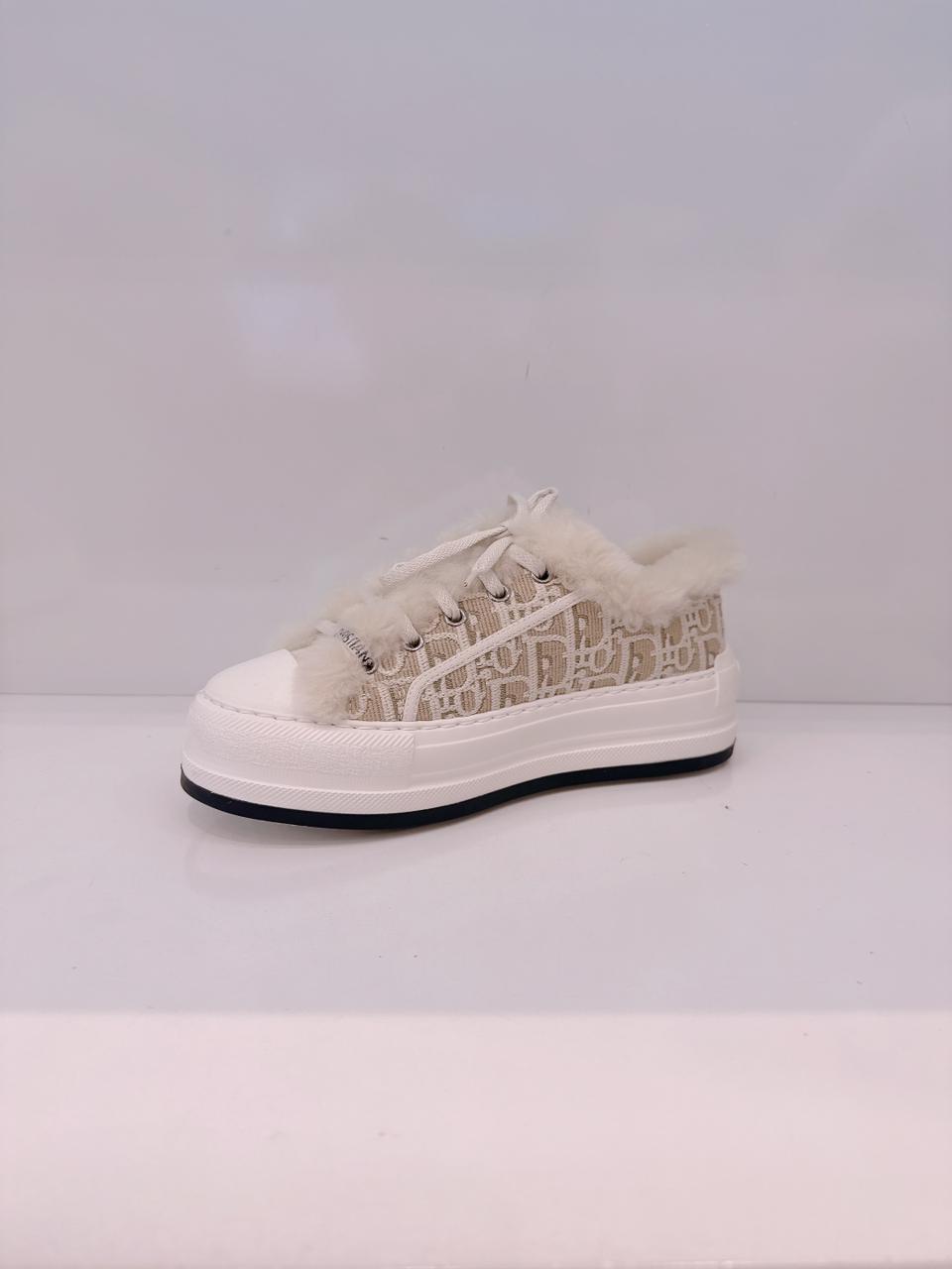 BEIGE COTTON EMBROIDERED WITH MOTIF AND ECRU LAMBSKIN SHEARLING WALK'N'DIOR PLATFORM SNEAKERS 37.5